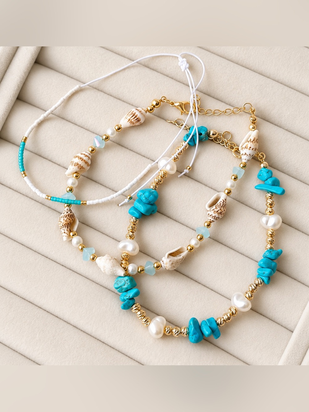 Last Set 🔥 Turquoise and Gold Beaded Anklet Set 3 Pc Set Summer Beach - Picture 3 of 6
